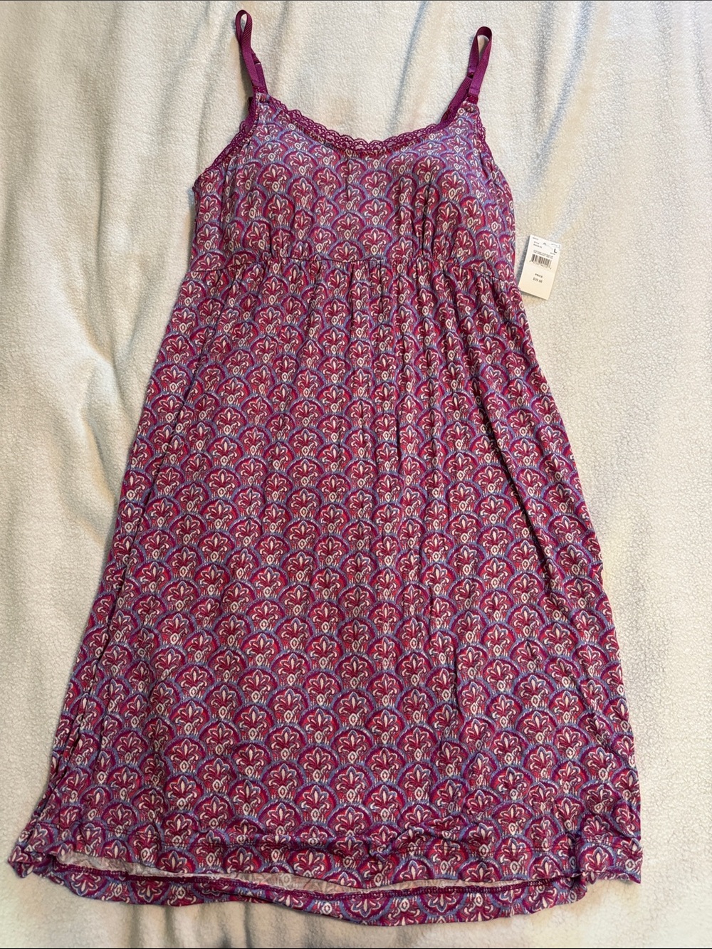 Purple Printed Mini Dress with Lace Trim